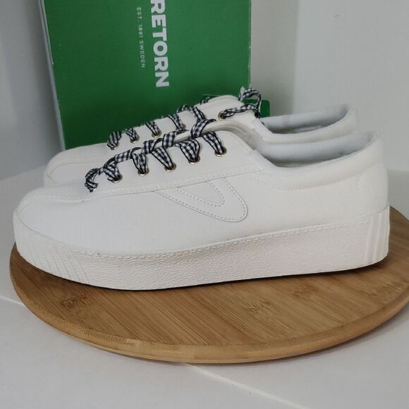 Tretorn NY Lite Bold White Canvas Platform Sneakers Gingham Ribbon Laces W9.5 - Picture 4 of 11